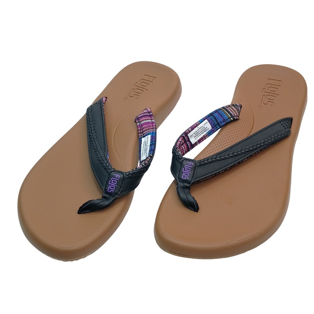 Flojos Flip Flop Sandals Women Size 6 Brown Black Woven Pattern Straps